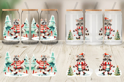 Glass Can Wrap Raccoon Ice Skating Sublimation artnoy 