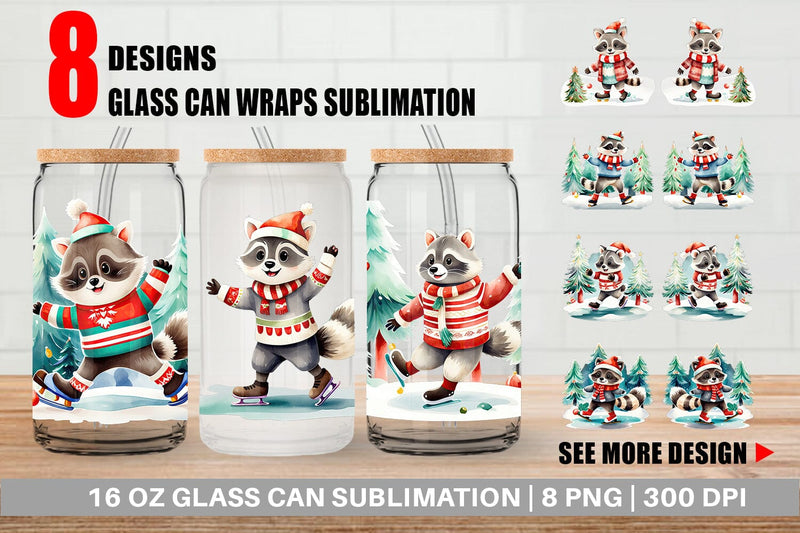 Glass Can Wrap Raccoon Ice Skating Sublimation artnoy 
