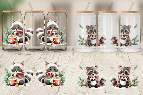 Glass Can Wrap Raccoon with Hot Cocoa Sublimation artnoy 