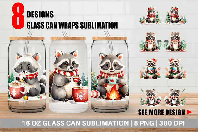 Glass Can Wrap Raccoon with Hot Cocoa Sublimation artnoy 