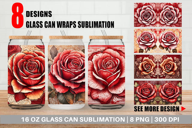 Glass Can Wrap Red Rose Flower Sublimation artnoy 