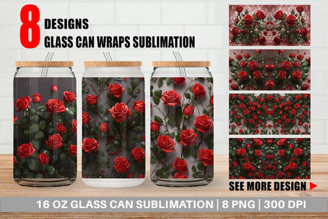 Glass Can Wrap Red Roses Valentine Sublimation artnoy 