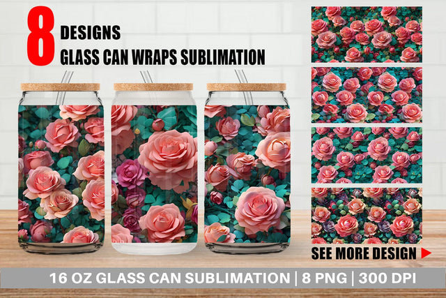 Glass Can Wrap Rose Flower Pattern Sublimation artnoy 
