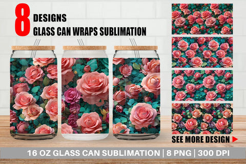 Glass Can Wrap Rose Flower Pattern Sublimation artnoy 