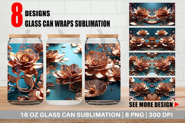 Glass Can Wrap Rose Gold Flowers Sublimation artnoy 