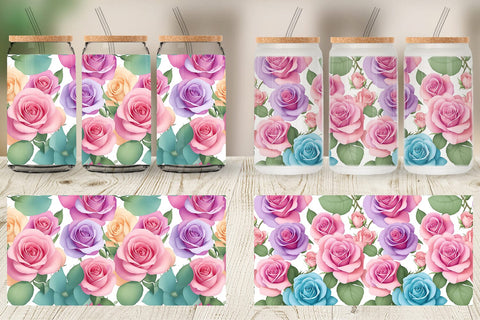 Glass Can Wrap Roses Flowers Pattern Sublimation artnoy 