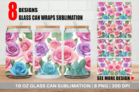 Glass Can Wrap Roses Flowers Pattern Sublimation artnoy 