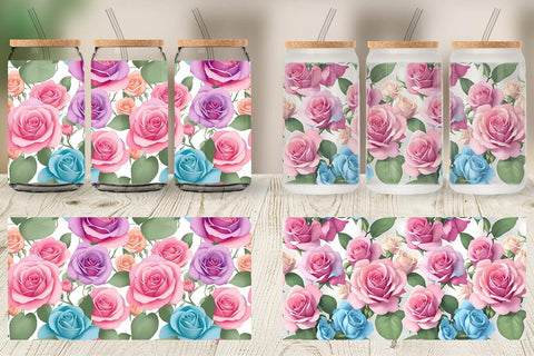 Glass Can Wrap Roses Flowers Pattern Sublimation artnoy 