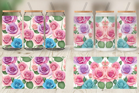 Glass Can Wrap Roses Flowers Pattern Sublimation artnoy 