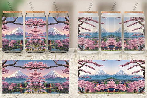 Glass Can Wrap Sakura Trees Mount Fuji Sublimation artnoy 