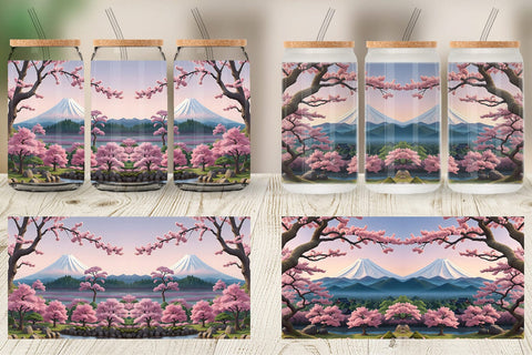 Glass Can Wrap Sakura Trees Mount Fuji Sublimation artnoy 