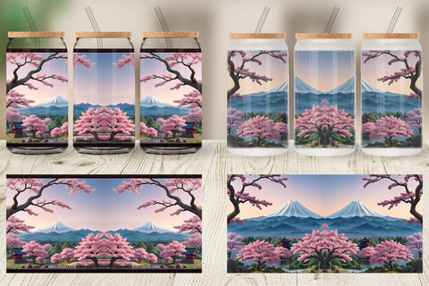 Glass Can Wrap Sakura Trees Mount Fuji Sublimation artnoy 