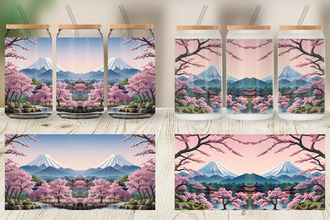 Glass Can Wrap Sakura Trees Mount Fuji Sublimation artnoy 