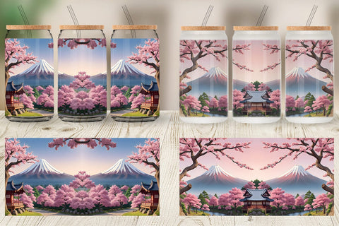 Glass Can Wrap Sakura Trees Mount Fuji Sublimation artnoy 