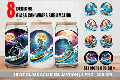 Glass Can Wrap Skeleton Surfing Sticker Sublimation artnoy 