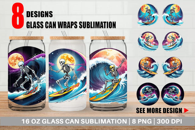 Glass Can Wrap Skeleton Surfing Sticker Sublimation artnoy 