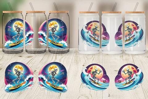 Glass Can Wrap Skeleton Surfing Sticker Sublimation artnoy 
