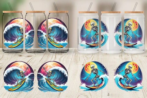 Glass Can Wrap Skeleton Surfing Sticker Sublimation artnoy 