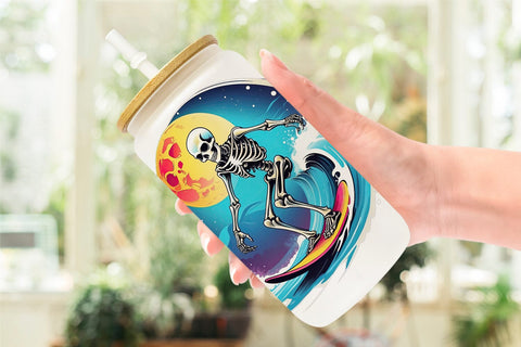 Glass Can Wrap Skeleton Surfing Sticker Sublimation artnoy 