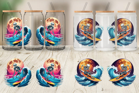 Glass Can Wrap Skeleton Surfing Sticker Sublimation artnoy 