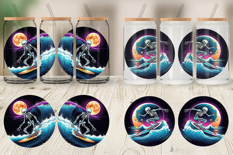 Glass Can Wrap Skeleton Surfing Sticker Sublimation artnoy 