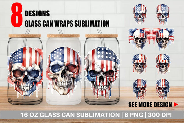 Glass Can Wrap Skull 4th of July Sublimation artnoy 