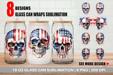 Glass Can Wrap Skull 4th of July Sublimation artnoy 