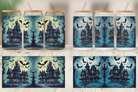 Glass Can Wrap Spooky Haunted House Sublimation artnoy 