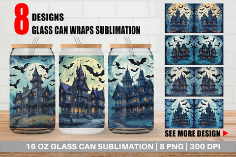 Glass Can Wrap Spooky Haunted House Sublimation artnoy 