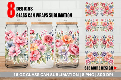 Glass Can Wrap Spring Flowers Bouquet Sublimation artnoy 