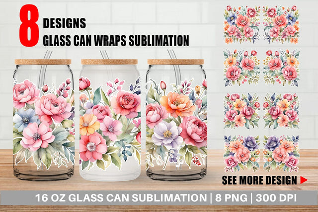 Glass Can Wrap Spring Flowers Bouquet Sublimation artnoy 