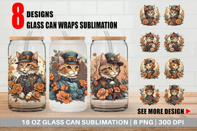 Glass Can Wrap Steampunk Cat Sublimation artnoy 
