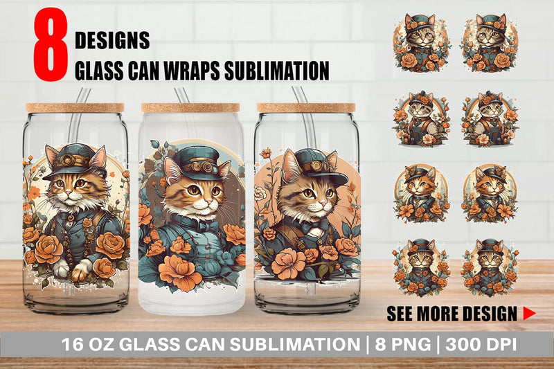Glass Can Wrap Steampunk Cat Sublimation artnoy 
