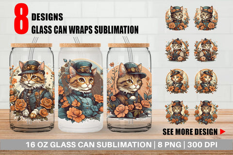 Glass Can Wrap Steampunk Cat Sublimation artnoy 