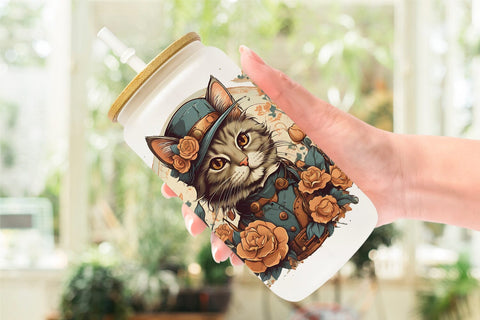 Glass Can Wrap Steampunk Cat Sublimation artnoy 