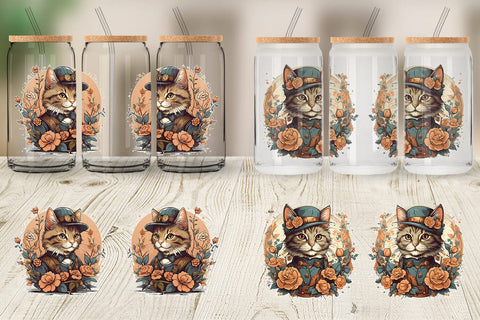 Glass Can Wrap Steampunk Cat Sublimation artnoy 