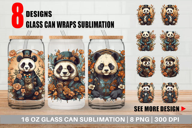 Glass Can Wrap Steampunk Panda Sublimation artnoy 