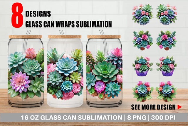 Glass Can Wrap Succulent Floral Sublimation artnoy 