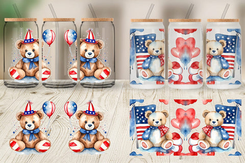 Glass Can Wrap Teddy Bear 4th of July Sublimation artnoy 