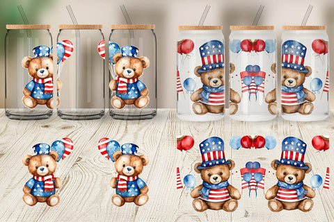 Glass Can Wrap Teddy Bear 4th of July Sublimation artnoy 