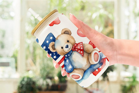 Glass Can Wrap Teddy Bear 4th of July Sublimation artnoy 
