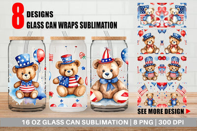 Glass Can Wrap Teddy Bear 4th of July Sublimation artnoy 