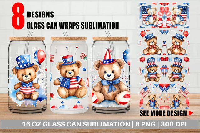 Glass Can Wrap Teddy Bear 4th of July Sublimation artnoy 