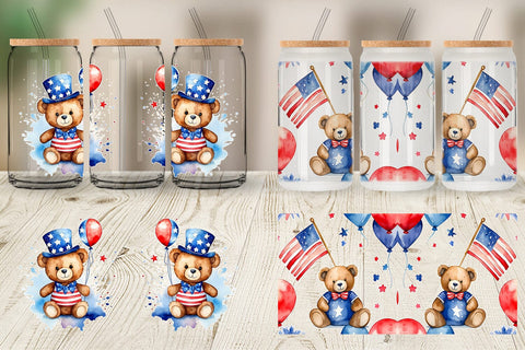 Glass Can Wrap Teddy Bear 4th of July Sublimation artnoy 