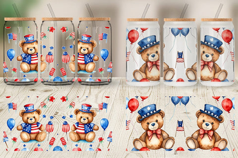 Glass Can Wrap Teddy Bear 4th of July Sublimation artnoy 