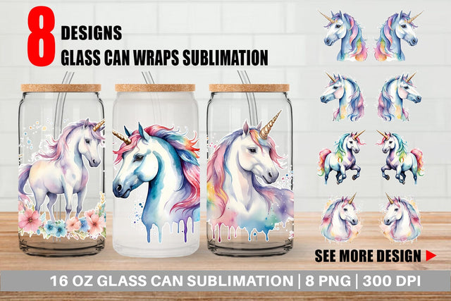 Glass Can Wrap Unicorns Watercolor Sublimation artnoy 