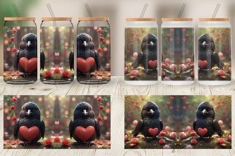 Glass Can Wrap Valentine Bird Crow Sublimation artnoy 