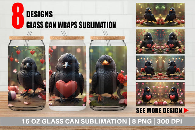 Glass Can Wrap Valentine Bird Crow Sublimation artnoy 