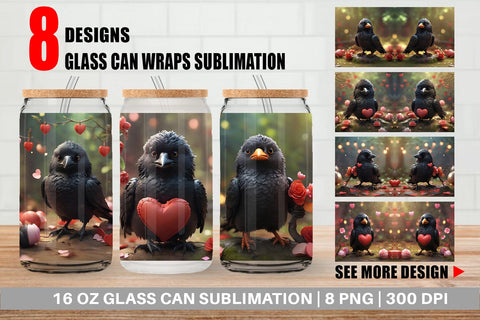 Glass Can Wrap Valentine Bird Crow Sublimation artnoy 