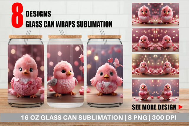 Glass Can Wrap Valentine Bird Pink Sublimation artnoy 